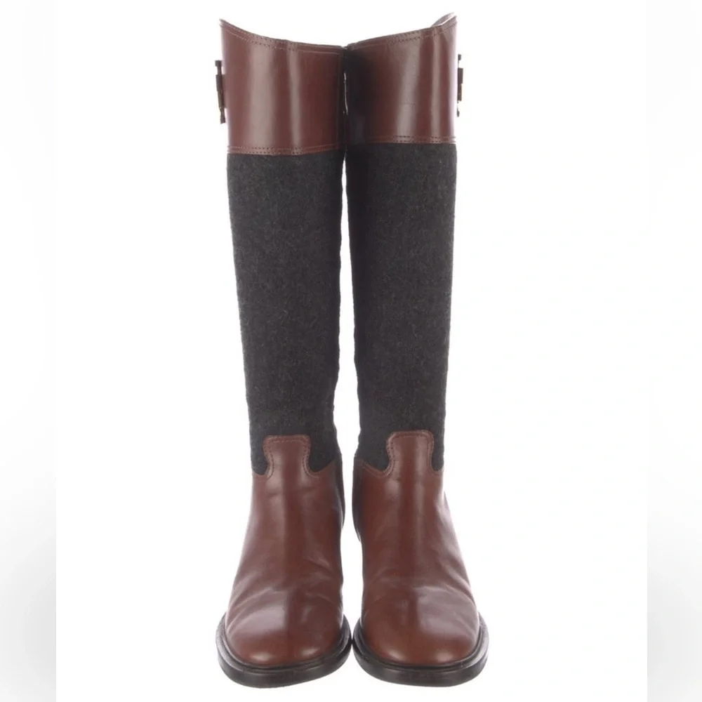 Tory Burch Brown Leather & Charcoal Wool Over-the-Knee Boots